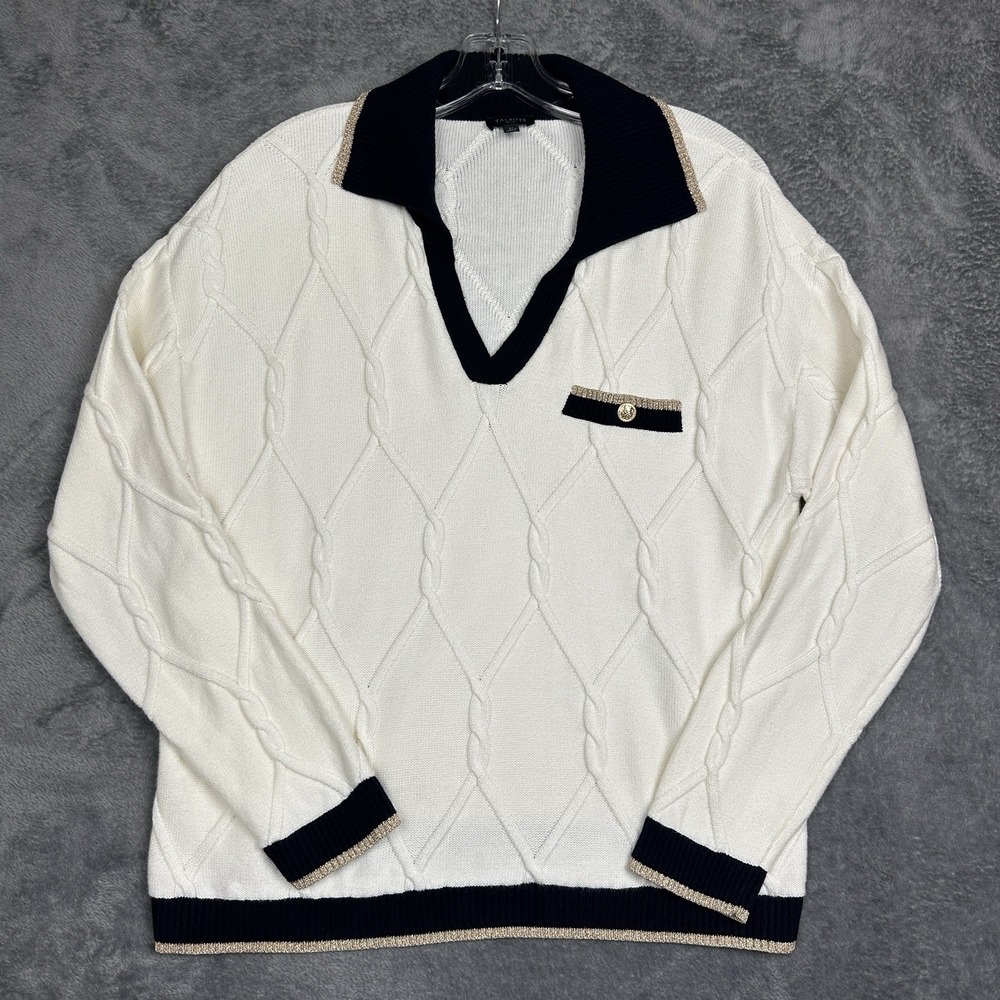 Talbots Sweater Petite Large Lattice Cable Knit Johnny Collar Ivory Nautical